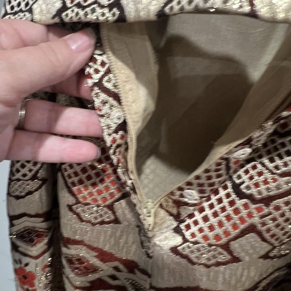 Iconic 1970s Oscar de La Renta Metallic Gold Silk Brocade Dress Gown Fur Cuff - Picture 12 of 16